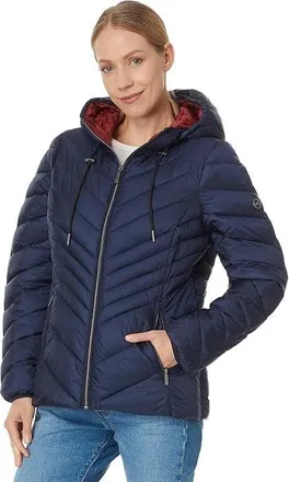 Michael Kors Coat Womens Midnight Blue Front Zip Chevron Packable BUU669