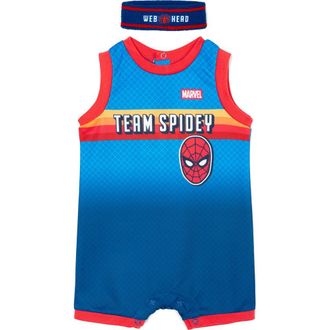 MARVEL Spider-Man Basketball Romper and Headband Set in Spider Man Navy Blue at Nordstrom, Size 0-3M