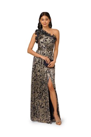 Adrianna Papell Womens One Shoulder Crinkle Gown - Blue - Size 16 UK