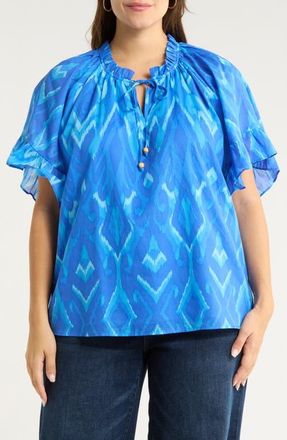 Sugarlips Carys Print Tie Neck Top in Blues-Multi at Nordstrom, Size 2X