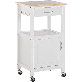 Beliani Carrito de cocina blanco tablero de madera clara 39 x 48 x 89 cm ruedas estante cajón Siena
