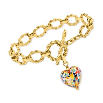 Ross-Simons Italian Multicolored Murano Glass Heart Bracelet in 18kt Gold Over Sterling