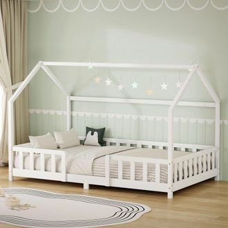 ML Design Ml-design Letto A Casetta Per Bambini 120x200 Cm Una Piazza E Mezza Con Protezione Anticaduta, Tetto E Rete A Doghe, Bianco, Letto Montessori A Terra 