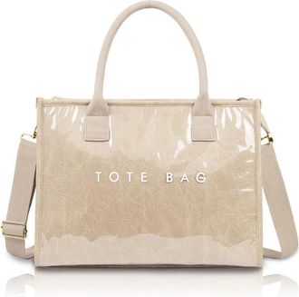 Generic Womens Glossy Crossbody Bag - 13-Inch Laptop Tote with Detachable Strap - Large Waterproof PVC Shoulder Handbag (Beige)