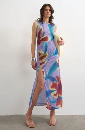 Topshop Floral Side Slit Mesh Midi Dress in Purple at Nordstrom, Size X-Small