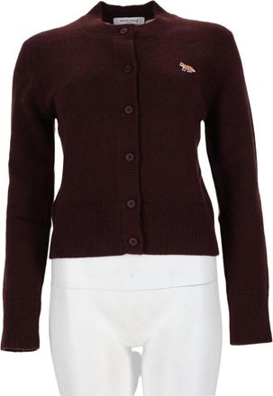 Maison Kitsun&eacute; Fitted Brown Wool Cardigan Sweater With Embroidered Logo
