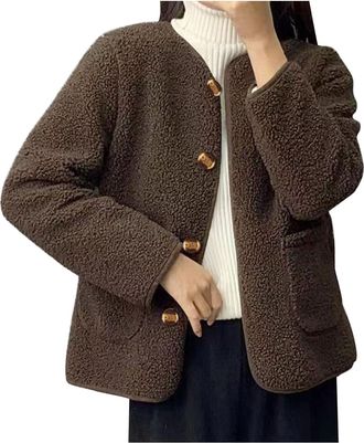 Generic Womens Classic Knit Cardigan with Crew Neck and Front Button Collar Open Style Soft Fleece Jacket for Everyday Comfort and Elegant Layering (Coffee, M