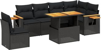 vidaXL Set De Comedor De Jard&iacute;n 7 Pzas Y Cojines Rat&aacute;n Sint&eacute;tico Negro Vidaxl