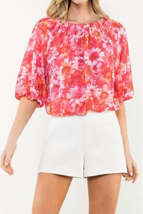 THML Clothing Floral Elastic Hem Balloon Sleeve Blouse In Pink