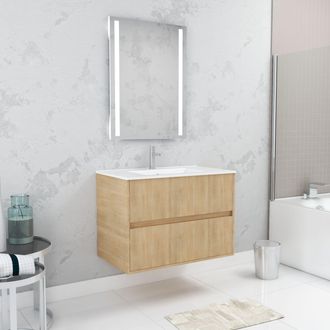 Aurlane Aurlane - Pack Mueble De Ba&ntilde;o 80cm Roble Claro 2 Cajones, Lavabo, Espejo 60x80 Con Luz Led Integrada