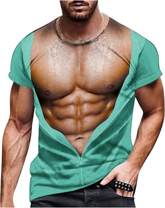 Generic Fake Muscle 3d Printed T-shirt Men Sale Clearance Short Sleeve Crew Neck Tee Top Funny Graphic Under Clothes Hipster Workout Shirt Chest Six Pack Abs 