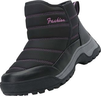 Generic Ladies Winter Boots Fur Lined Prints Flat Round Toe Lazy Suede Shoes Boots Rubber Boots (Black, 6.5)