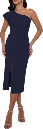 Angel Fashions Elegant One Shoulder Cocktail Dress for Women Navy Pleated Ruffles Formal Dresses Slit Party Mid-Calf Dress Size 12