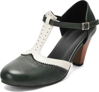 Generic Womens T-Strap Perforated Colorblock Oxfords Dress Pumps Round Toe Chunky Heel Mary Jane Shoes with Adjustable Strap (7.5,Green)