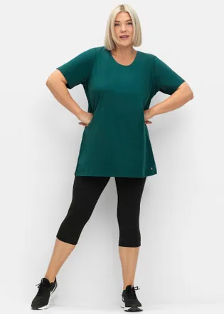 Sheego Funktionsshirt SHEEGO Funktionsshirt, Damen, Gr. 44/46, blau (petrol), 73% Baumwolle, 27% Elasthan, unifarben, Rundhals, Shirts Funktionsshirt