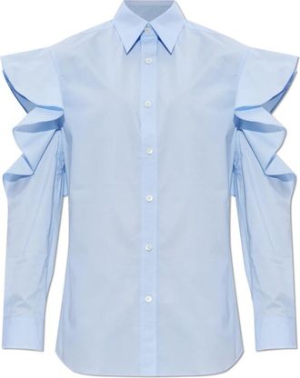 Moschino Shoulder Ruffle Shirt - Dames - Overhemden - Blauw - S - Katoen - Overhemden