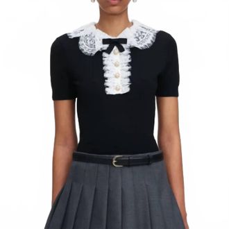 Self Portrait Knit Lace Collar Top In Black