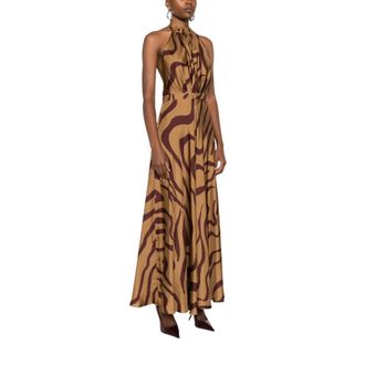 Raquel Diniz Kleedjes, Dames, Veelkleurig, S, Maxi-jurk met halternek en swirlprint