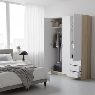 Dmora Dmora Guardarropa Allentown, Armario Dormitorio Con 3 Puertas Y 3 Cajones, Mueble Con Barra Perchero Y 3 Baldas, Cm 121x52h180, Blanco Y Roble, Con Em