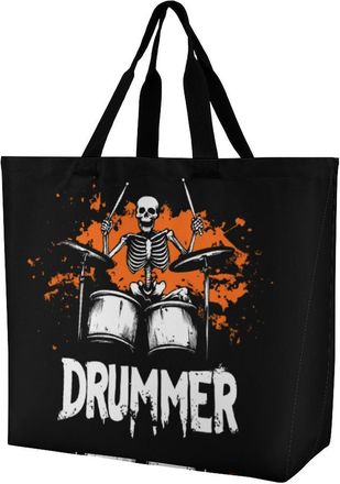 Generic Skeleton Drummer Reusable Shopping Bags One Shoulder Grocery Tote Bag Waterproof Big Purse for Work Travel