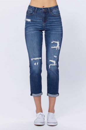 Judy Blue Thermal Patch Boyfriend Jeans In Medium Wash Blue