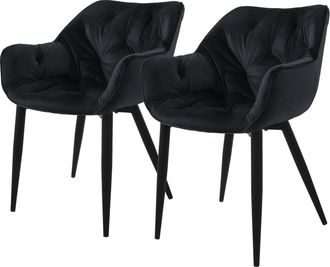 ML Design Ml-design - Set 2x Sillas De Comedor Con Respaldo Y Reposabrazos Asiento Negro Tapizado Con Funda De Terciopelo Grueso Patas De Metal Sill&oacute;n Dise&ntilde;o Er