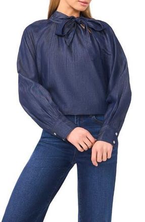 CeCe by Cynthia Steffe Denim Tie Neck Top in Classic Navy at Nordstrom Rack, Size Xx-Small