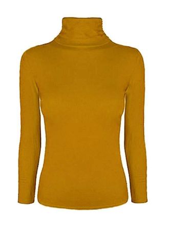 Generic New Ladies Plain Long Sleeve Polo Neck Stretch Top Women Turtle Neck Jumper Shirt (M/L (UK 12-14), Mustard)