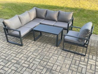 Fimous Aluminium Outdoor Garden Furniture Set Lounge Sofa Oblong Coffee Table Sets with Chair Indoor Conservatory Set Dark Grey