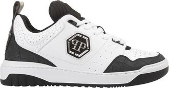 Philipp Plein Witte leren sneakers met hexagon patch - Heren - Sneakers - Veelkleurig - 44 EU - Leer - Schoenen