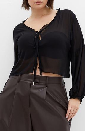 City Chic Corina Ruffle Trim Sheer Tie Neck Top in Black at Nordstrom