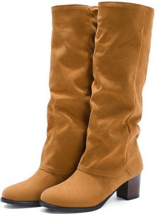 Generic Womens Knee-High Boots, Elegant Suede Long Shaft Boots with Pleated Look And Low Block Heel Slip-On Shoes Comfortable Round Toe Autumn Winter Dress Bo
