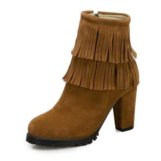 Generic Womens Elegant Double Fringe Almond Toe Soild Color Ankle Boots Block Heels Zip Up Western Winter Shoes (Brown,7.5)