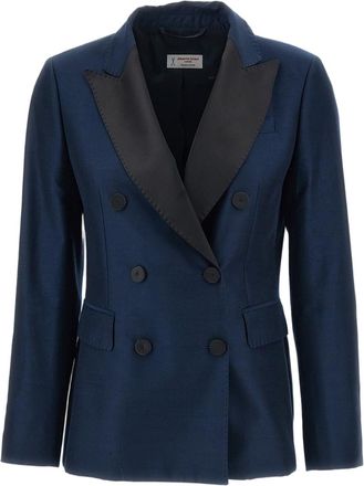 Alberto Biani Blue Iridescent Satin Double-Breasted Tuxedo Blazer