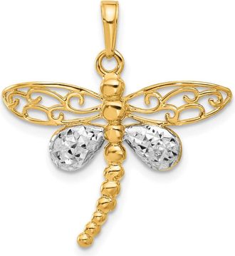 Diamond2Deal 14k Yellow Gold White Rhodium Polished Diamond-Cut Dragonfly Pendant