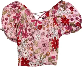 Angie Womens Floral Lace Up Back Top In Pink