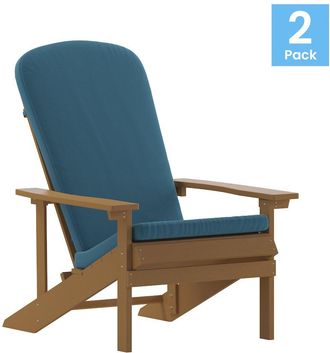 Flash Furniture Set of 2 Adirondack Chairs in Teak with Teal Cushions for Deck, Porch, and Patio