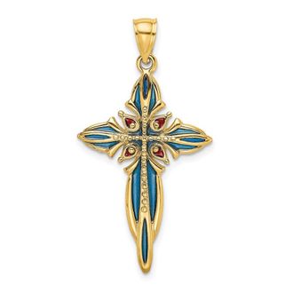 Diamond2Deal 14k Yellow Gold Blue and Red Enameled Cross Charm Pendant