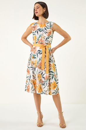 Roman Womens Floral Print Lace Stretch Dress - Ivory - Size 16 UK