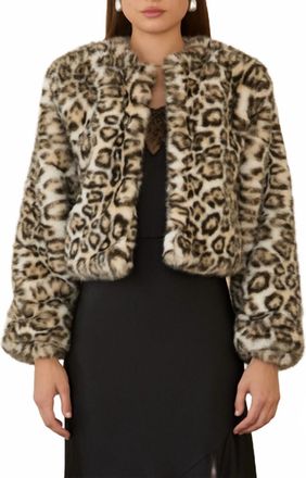 Skies Are Blue Clothing Lola Leopard Chubby Faux Fur Crop Jacket In Brown