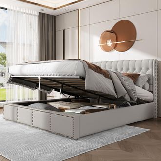 Matteo Upholstered King Size Bed with Hydraulic Lever & Functional Storage in Light Grey | Size: Double