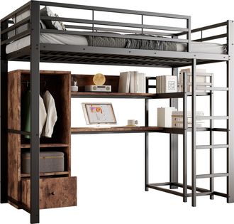 STILVORA Cama Alta 90 X 200 Cm Con Escritorio, Armario, Estantes Y Led, Sin Colch&oacute;n, De Metal Y Mdf, Negro