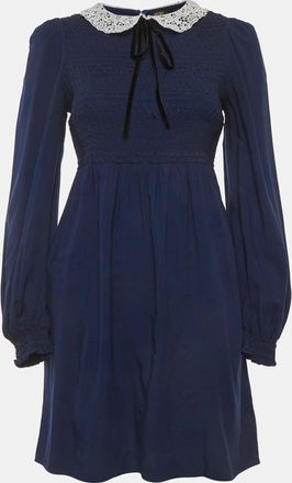 Maje Navy Blue Synthetic Smocked Guipure Collar Mini Dress