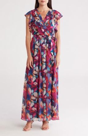 Donna Ricco Floral Flutter Sleeve Pleated Maxi Dress in Fuchsia Multi at Nordstrom Rack, Size 8
