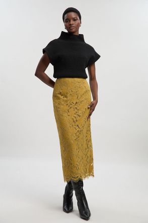 Karen Millen Womens Lace With Black Taping Woven Midi Skirt - Lime Green Polyamide - Size 10 UK