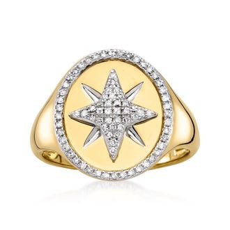 Ross-Simons Diamond Starburst Signet Ring in 14kt Yellow Gold