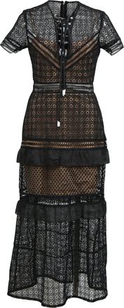 Self Portrait Lace Up Peplum Midi Dress in Black Polyester