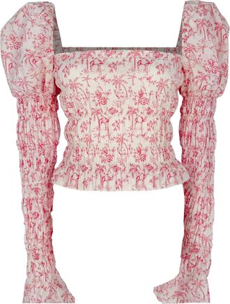 Caroline Constas Delilah Printed Shirred Blouse in Pink Cotton