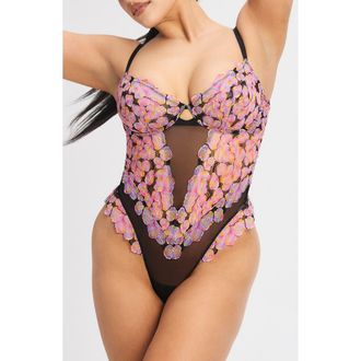 Savage x Fenty Sun Tide Floral Lace Underwire Teddy in Black Caviar at Nordstrom, Size X-Small