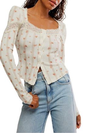 Free People Lets Party Floral Lace Trim Cotton Waffle Knit Button-Up Top in Tea Combo at Nordstrom, Size X-Large